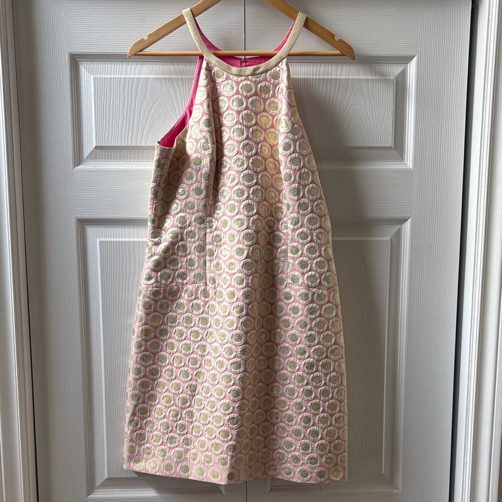 Lilly Pulitzer Pink w Metallic Circles Halter Party Dress EUC